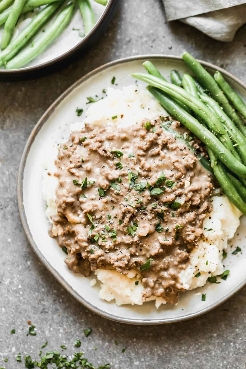 Hamburger Gravy Over Mashed Potatoes