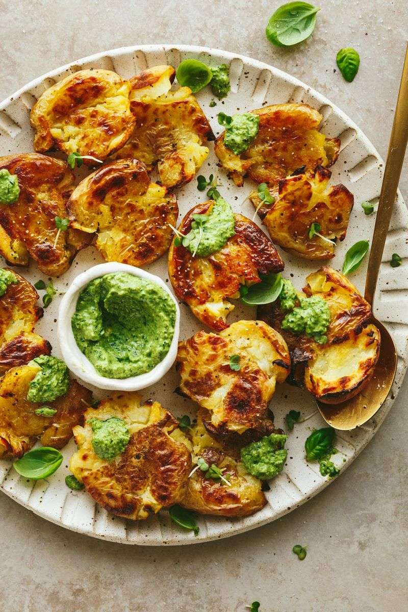 Crispy Smashed Potatoes With Herb Pesto