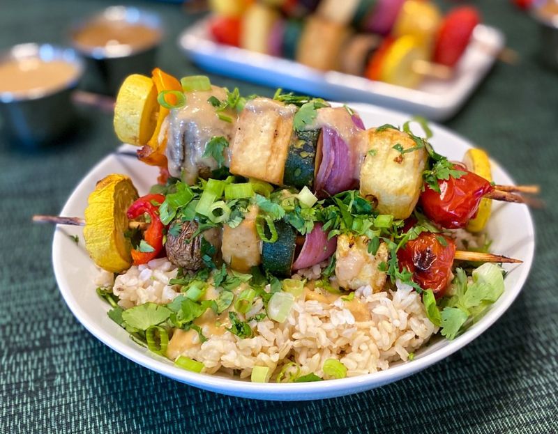 Tofu And Vegetable Skewers With Bulgur Wheat