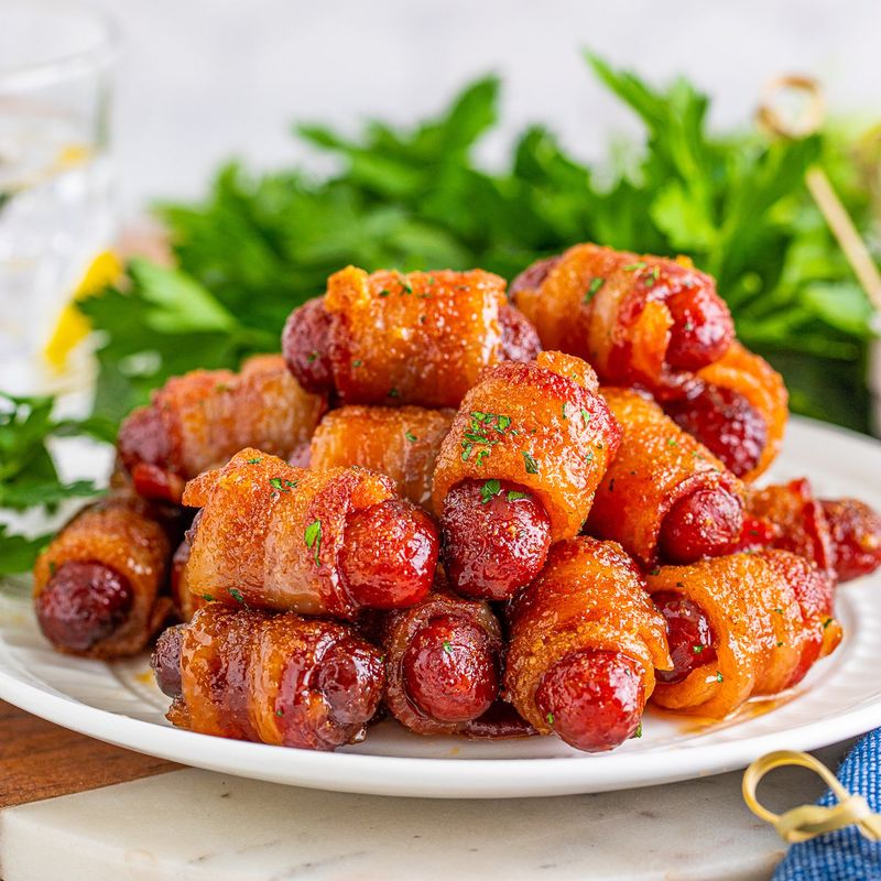 Brown Sugar-Glazed Bacon Wrapped Smokies
