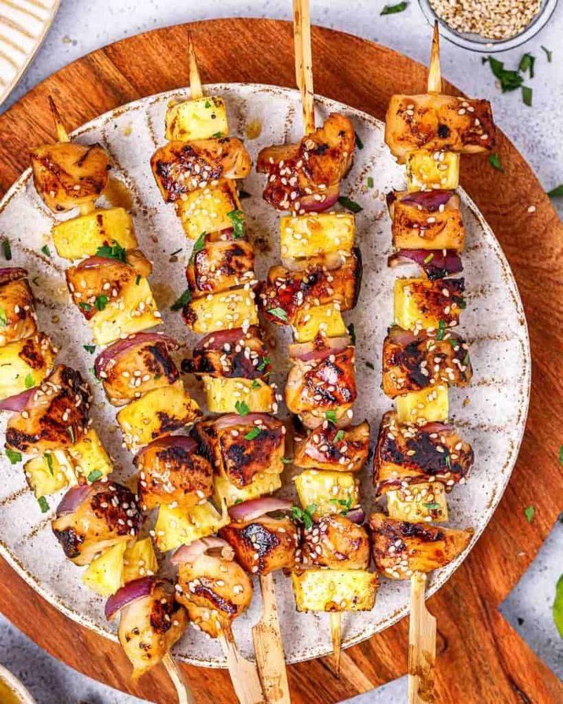 Pineapple Teriyaki Chicken Skewers With Brown Rice