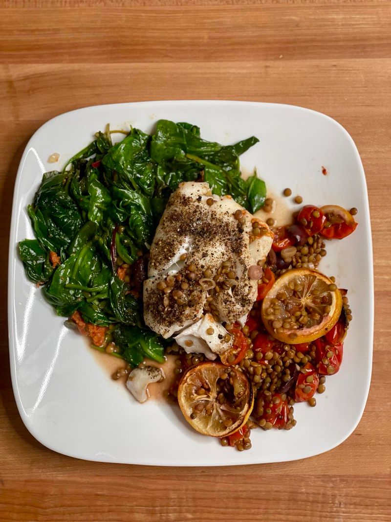 Baked Cod With Lentils And Spinach