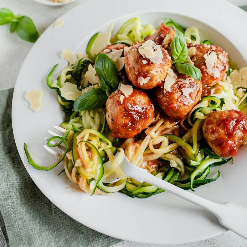 Pesto Chicken Meatball Zoodles