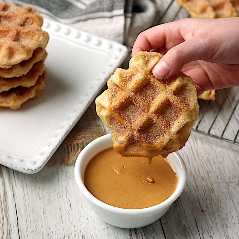 Churro Waffles With Cinnamon Sugar And Dulce De Leche