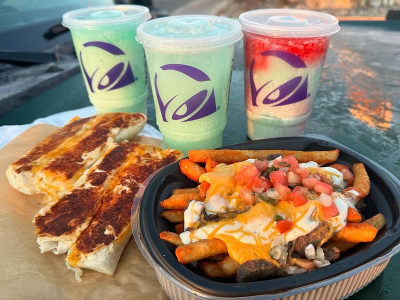 Cheesy Double Beef Burrito With Large Nacho Fries And Dirty Baja Blast