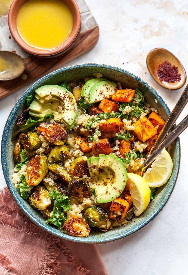 Quinoa Bowl With Roasted Brussels Sprouts And Pumpkin Seeds