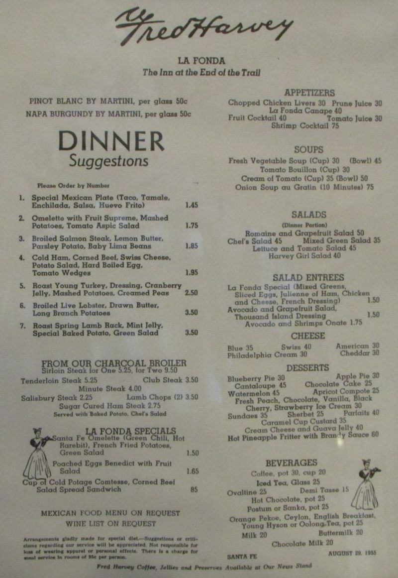 Harvey House Railroad Dining Car Menu