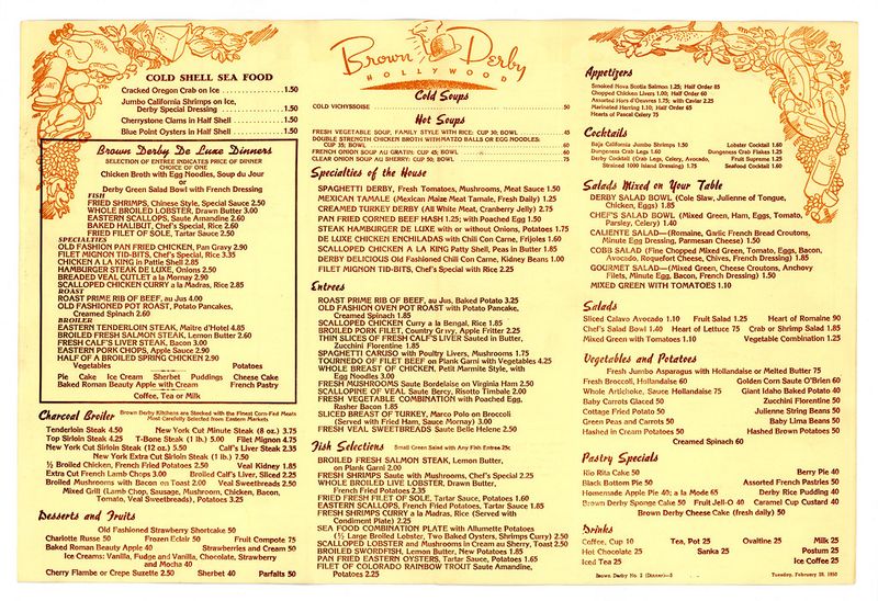 The Brown Derby Dinner Menu