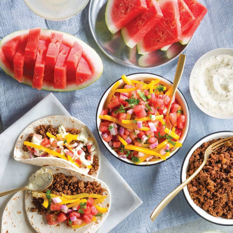 Watermelon Tacos With Tajín And Lime Crema