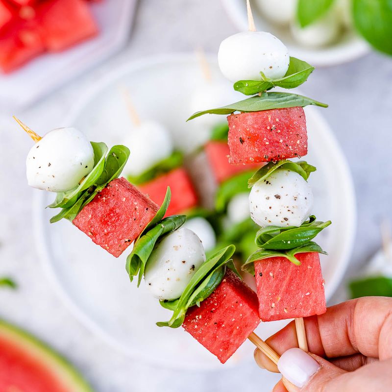 Watermelon Skewers With Mozzarella And Basil