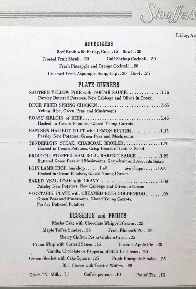 Stouffer’s Restaurant Full-Course Dinner Menu