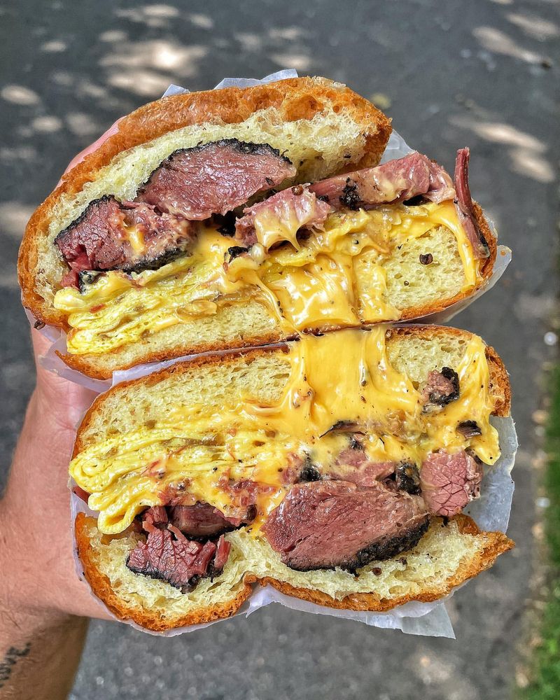 Pastrami On Challah Roll Breakfast Sandwich