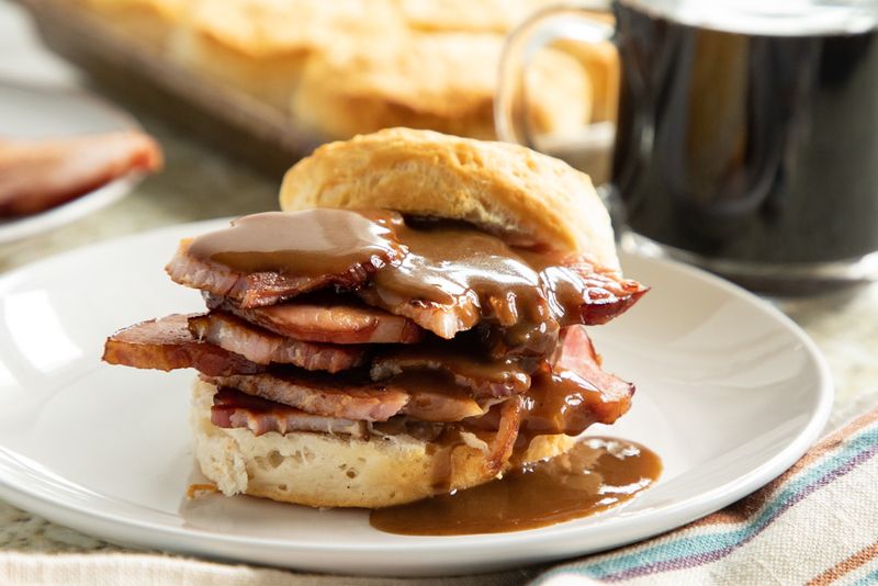 Ham And Red Eye Gravy Biscuit Sandwich